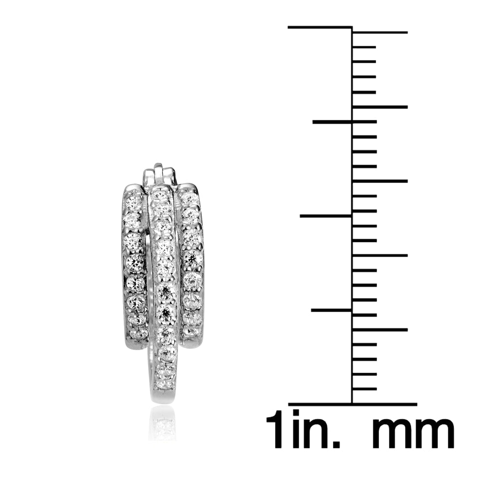 Sterling Silver Cubic Zirconia Triple Row Fashion Hoop Earrings-4