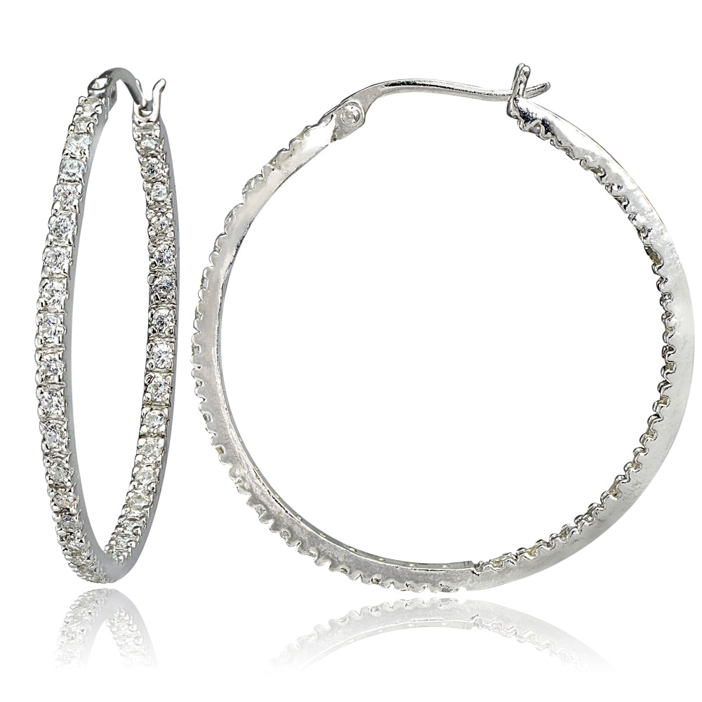 Sterling Silver Cubic Zirconia Inside Out 40mm Round Hoop Earrings
