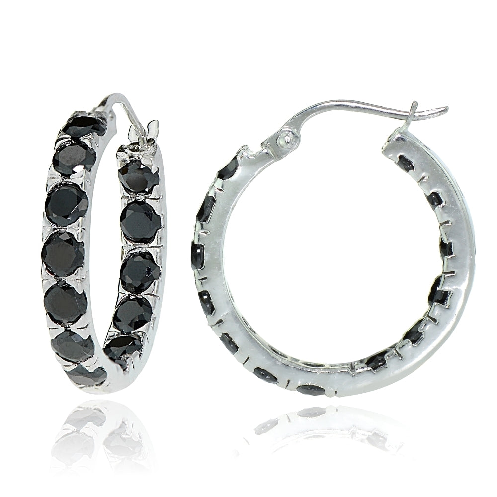 Sterling Silver Black Cubic Zirconia Inside Out 3x25 mm Round Hoop Earrings