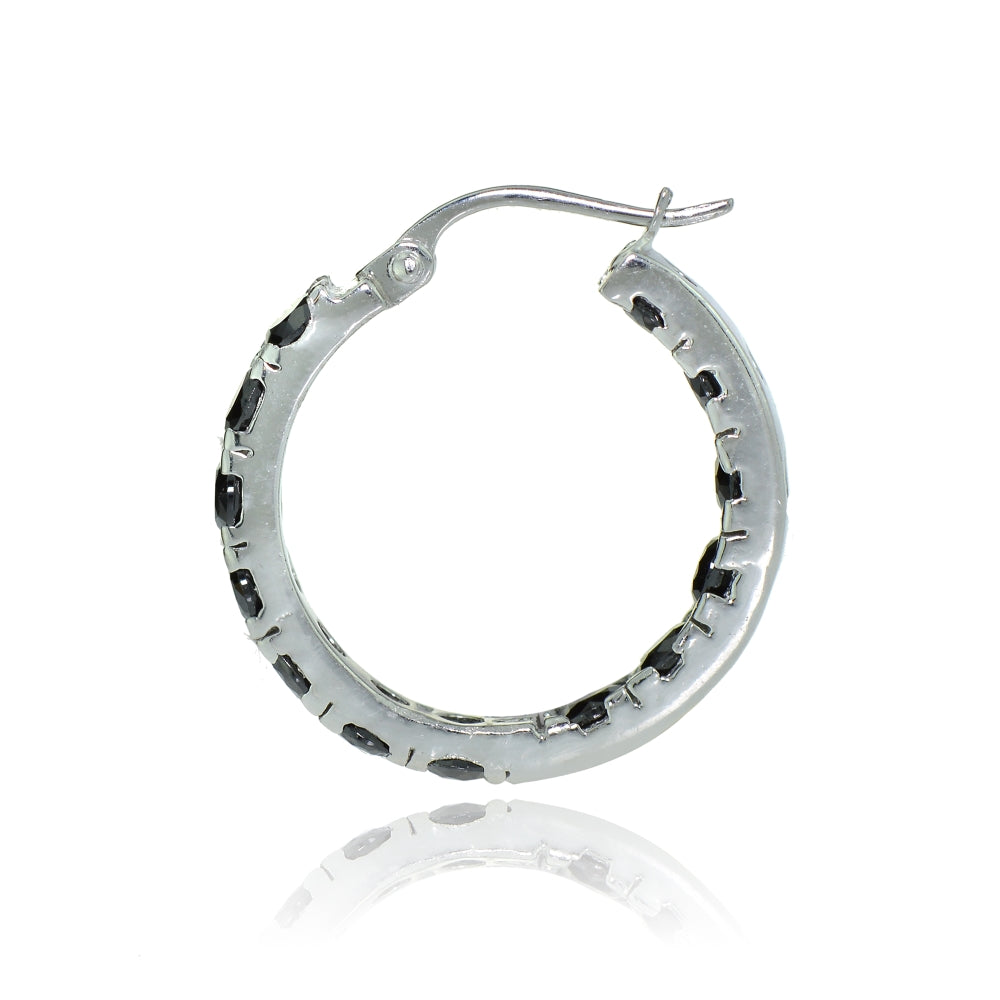 Sterling Silver Black Cubic Zirconia Inside Out 3x25 mm Round Hoop Earrings-2