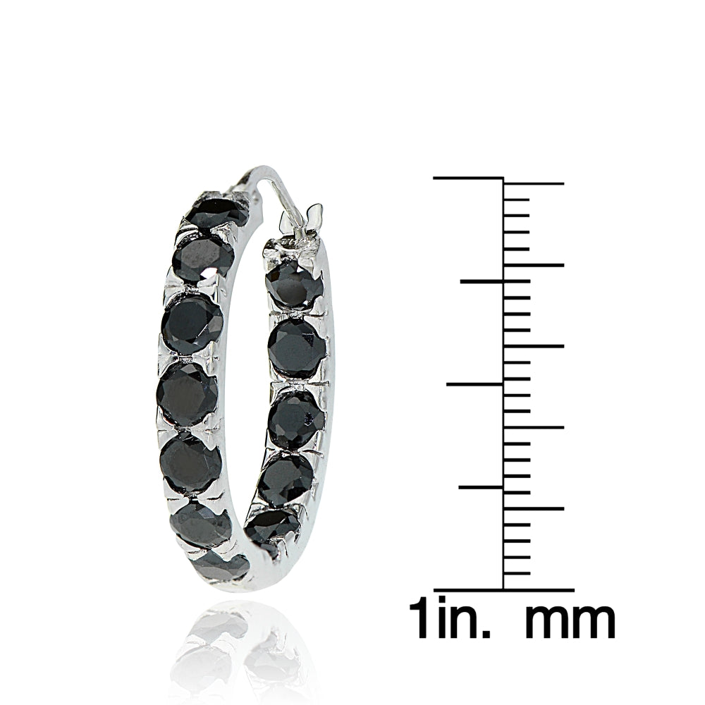 Sterling Silver Black Cubic Zirconia Inside Out 3x25 mm Round Hoop Earrings-3