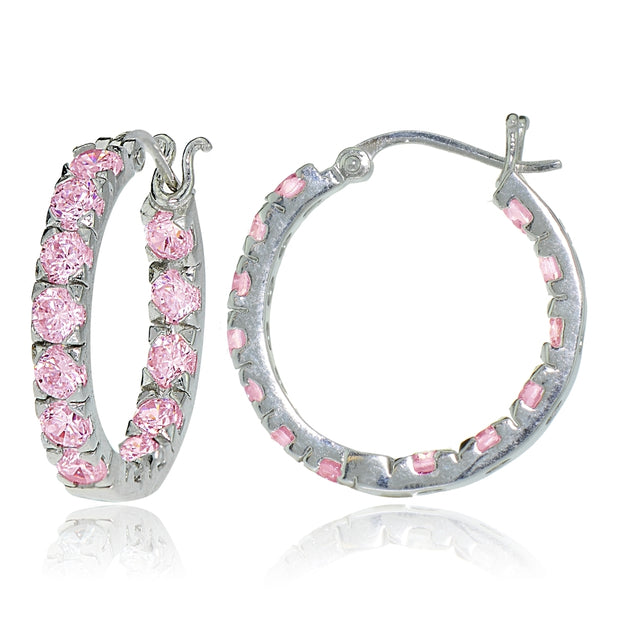 Sterling Silver Light Pink Cubic Zirconia Inside Out 3x25 mm Round Hoop Earrings