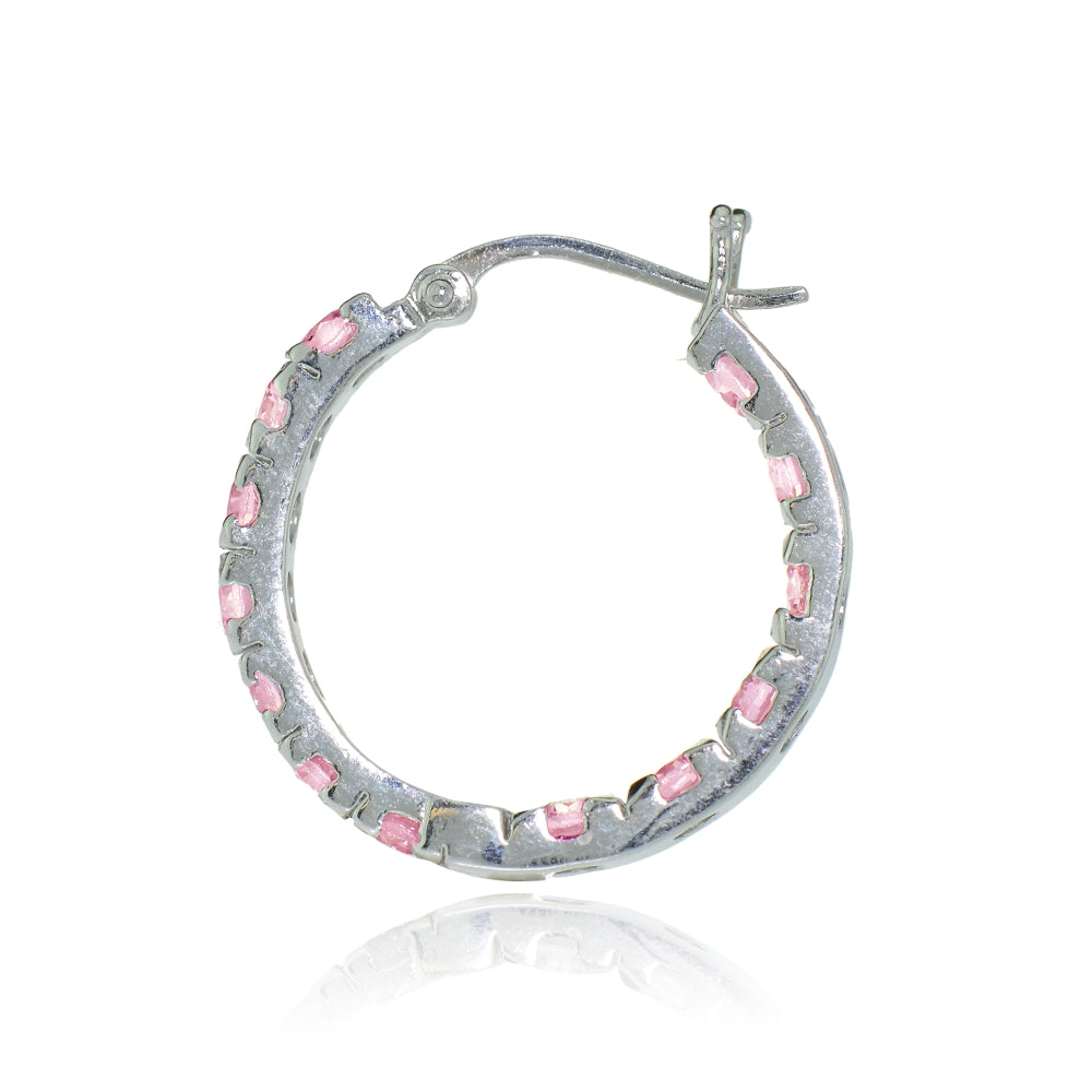 Sterling Silver Light Pink Cubic Zirconia Inside Out 3x25 mm Round Hoop Earrings-2