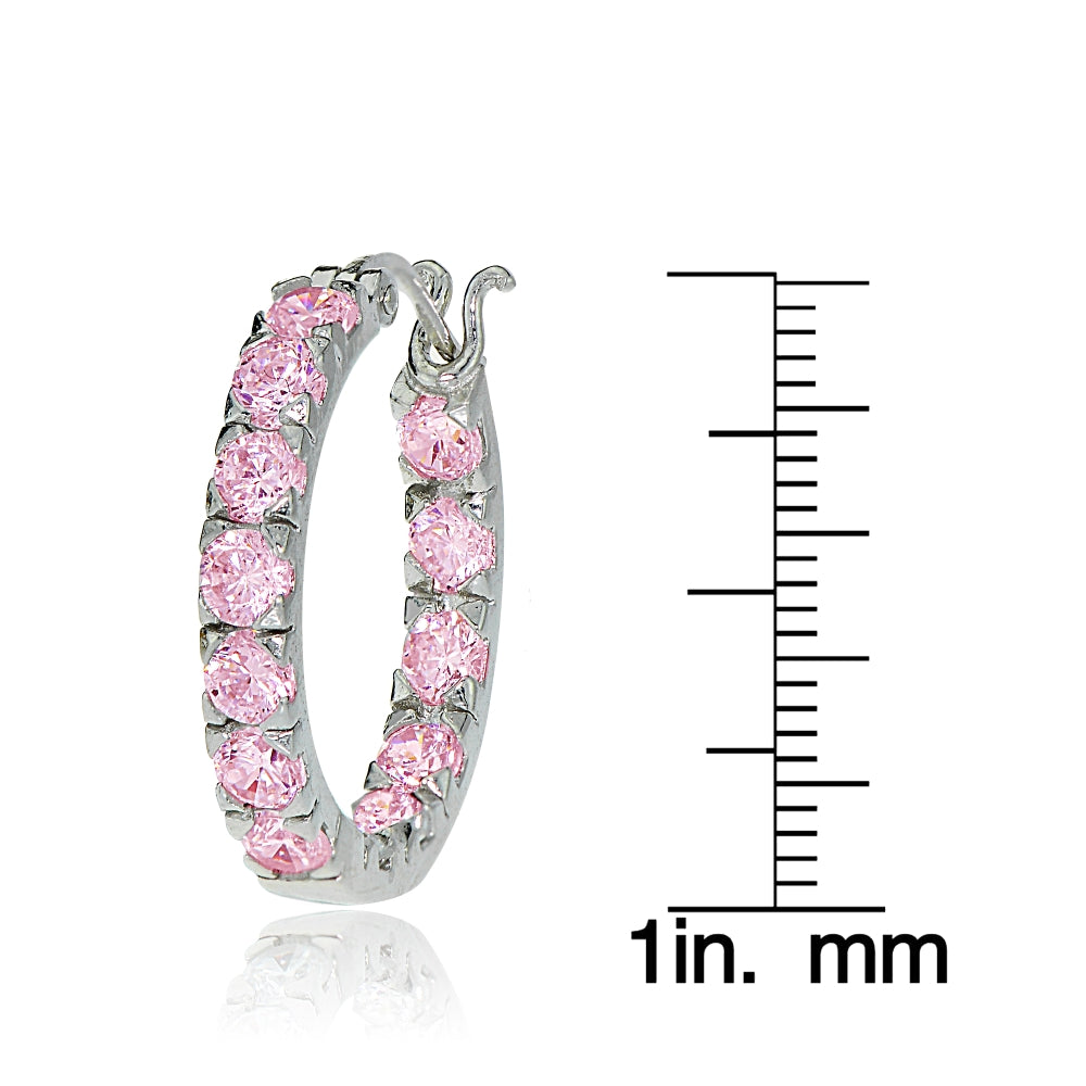 Sterling Silver Light Pink Cubic Zirconia Inside Out 3x25 mm Round Hoop Earrings-3