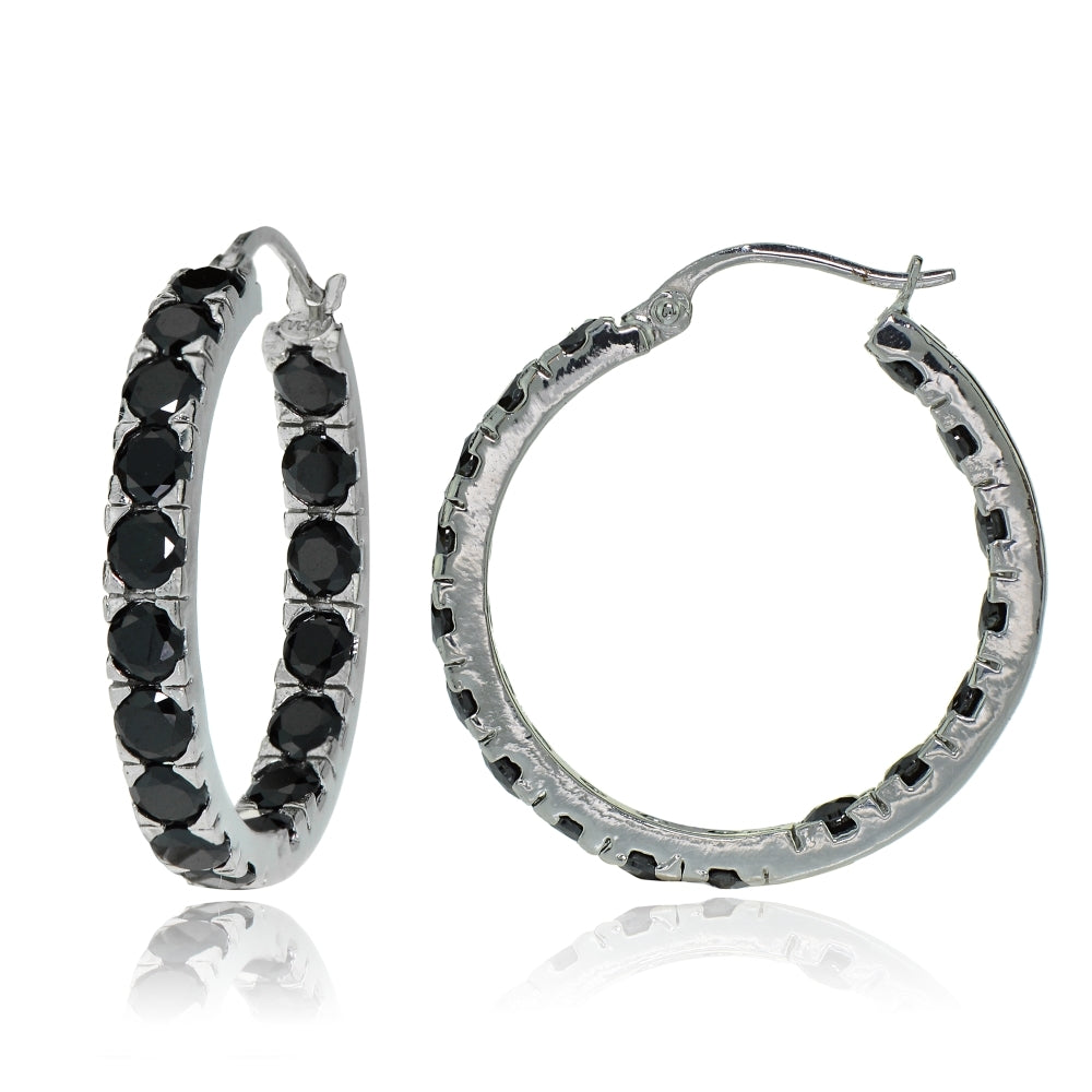 Sterling Silver Black Cubic Zirconia Inside Out 3x20 mm Round Hoop Earrings