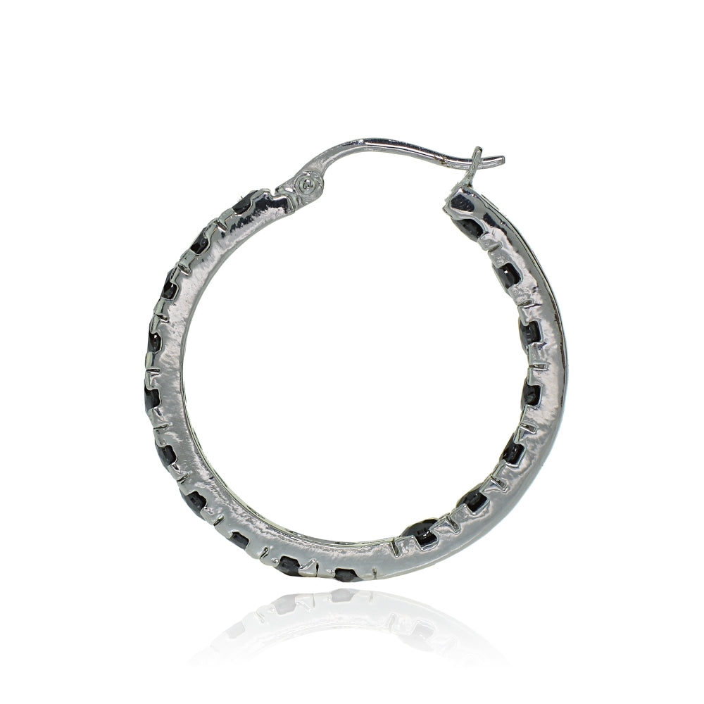 Sterling Silver Black Cubic Zirconia Inside Out 3x20 mm Round Hoop Earrings-2