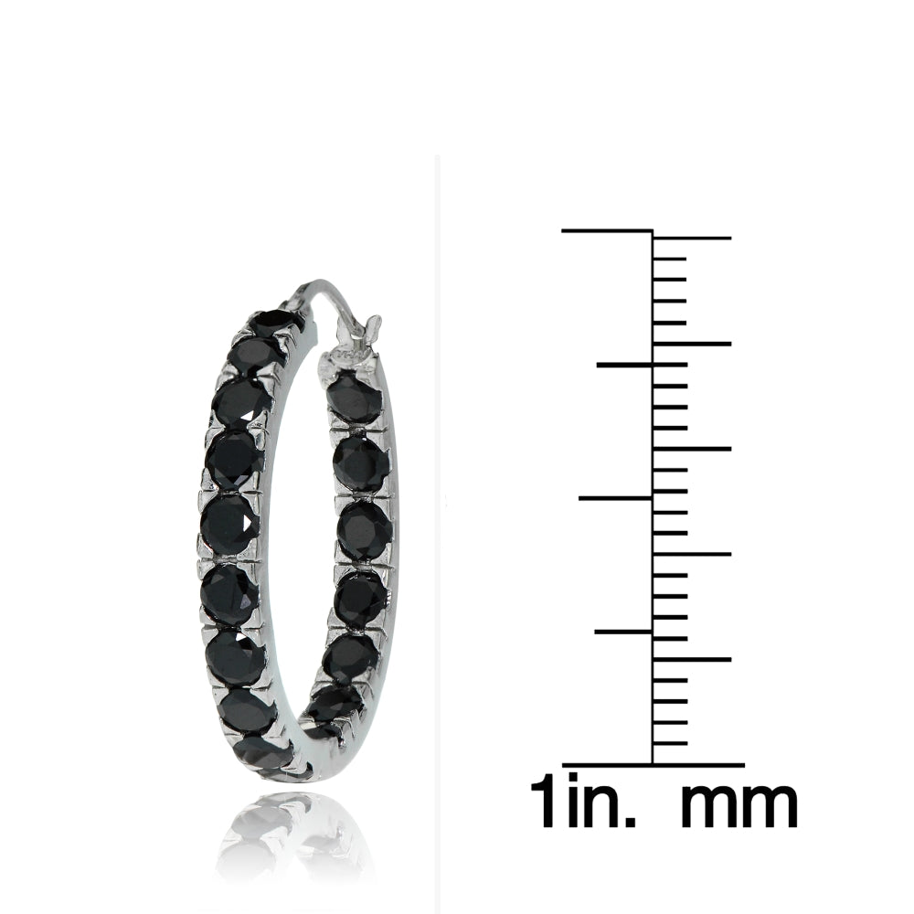 Sterling Silver Black Cubic Zirconia Inside Out 3x20 mm Round Hoop Earrings-3