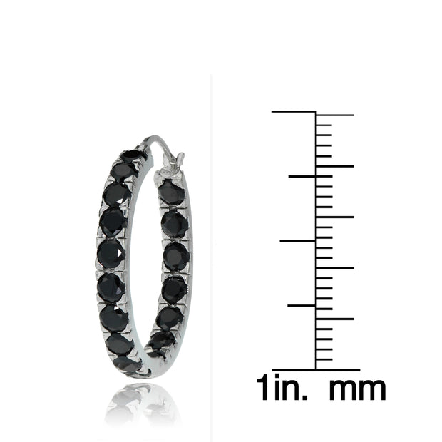 Sterling Silver Black Cubic Zirconia Inside Out 3x20 mm Round Hoop Earrings