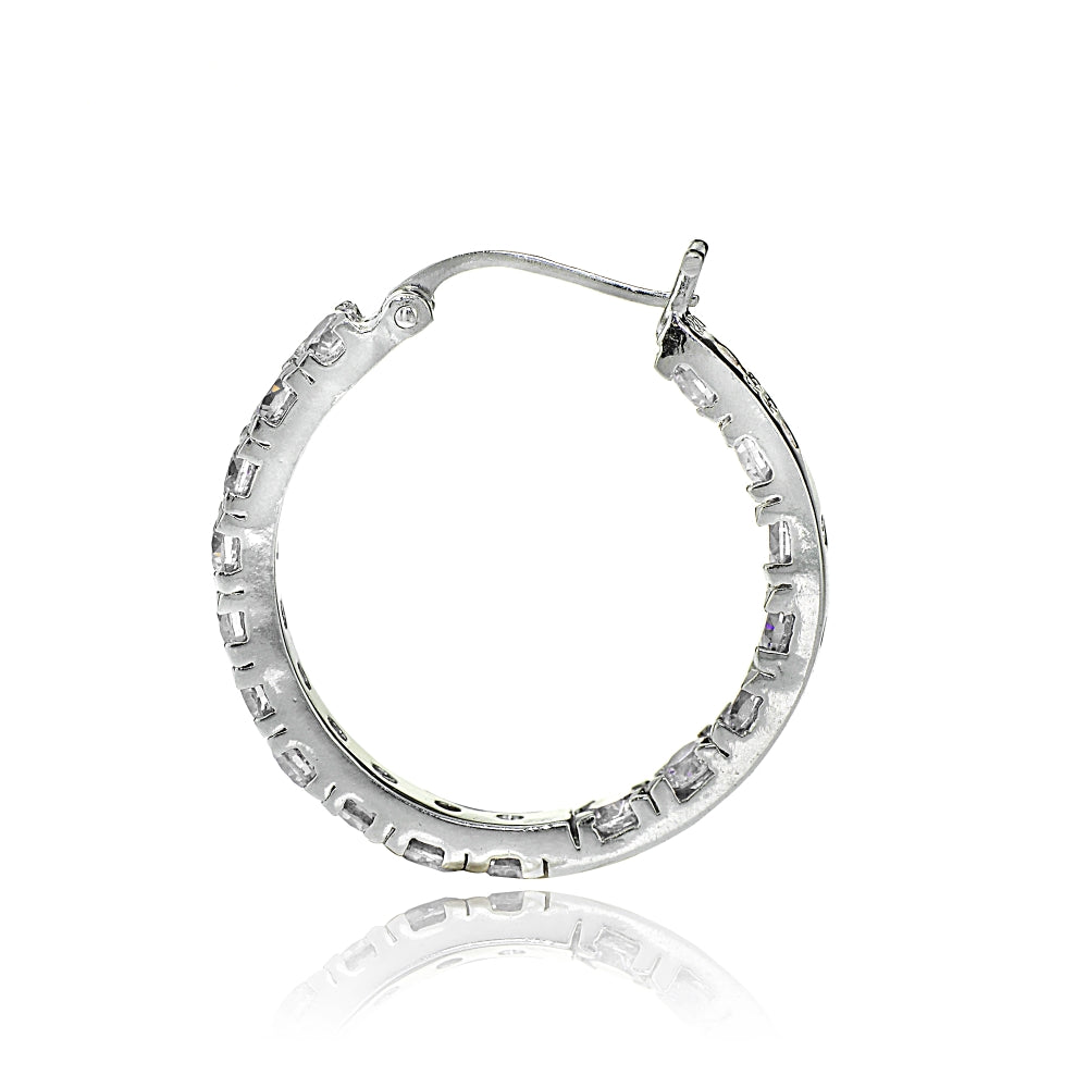 Sterling Silver Cubic Zirconia Inside Out 3x20 mm Round Hoop Earrings-2