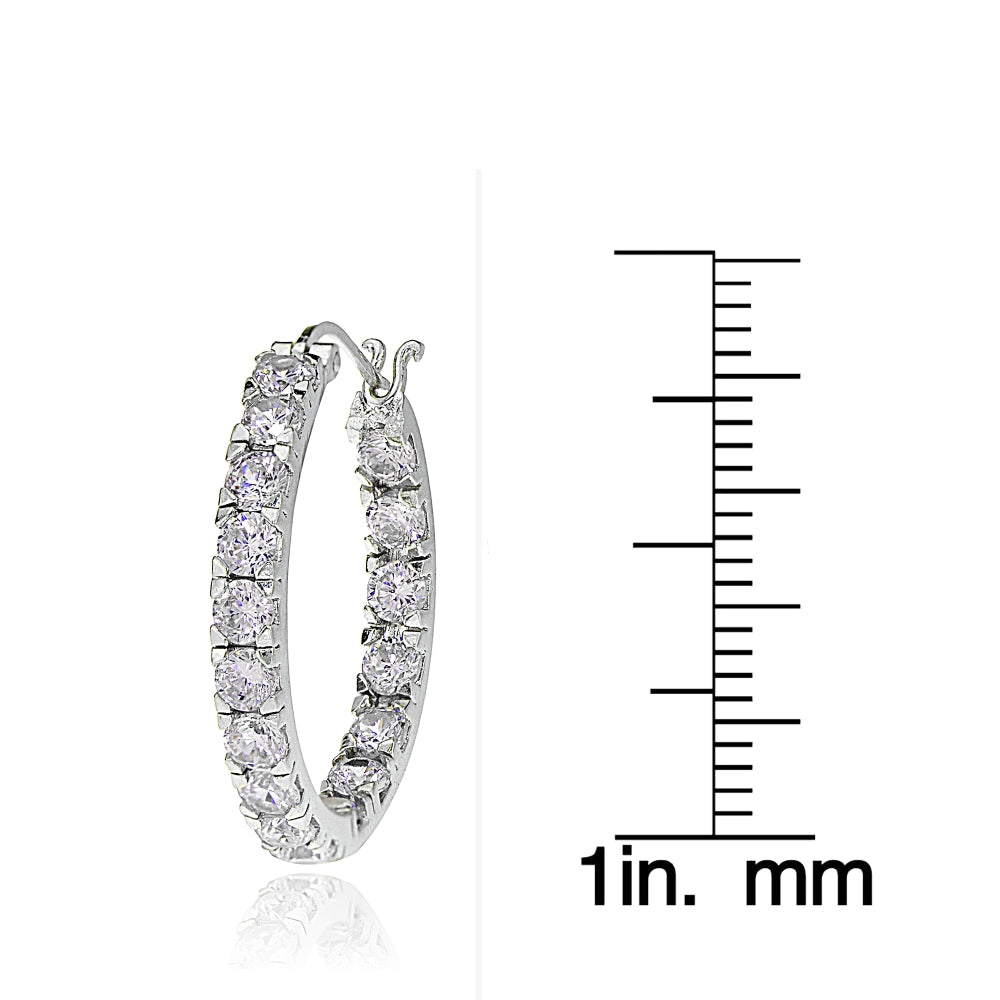 Sterling Silver Cubic Zirconia Inside Out 3x20 mm Round Hoop Earrings-3