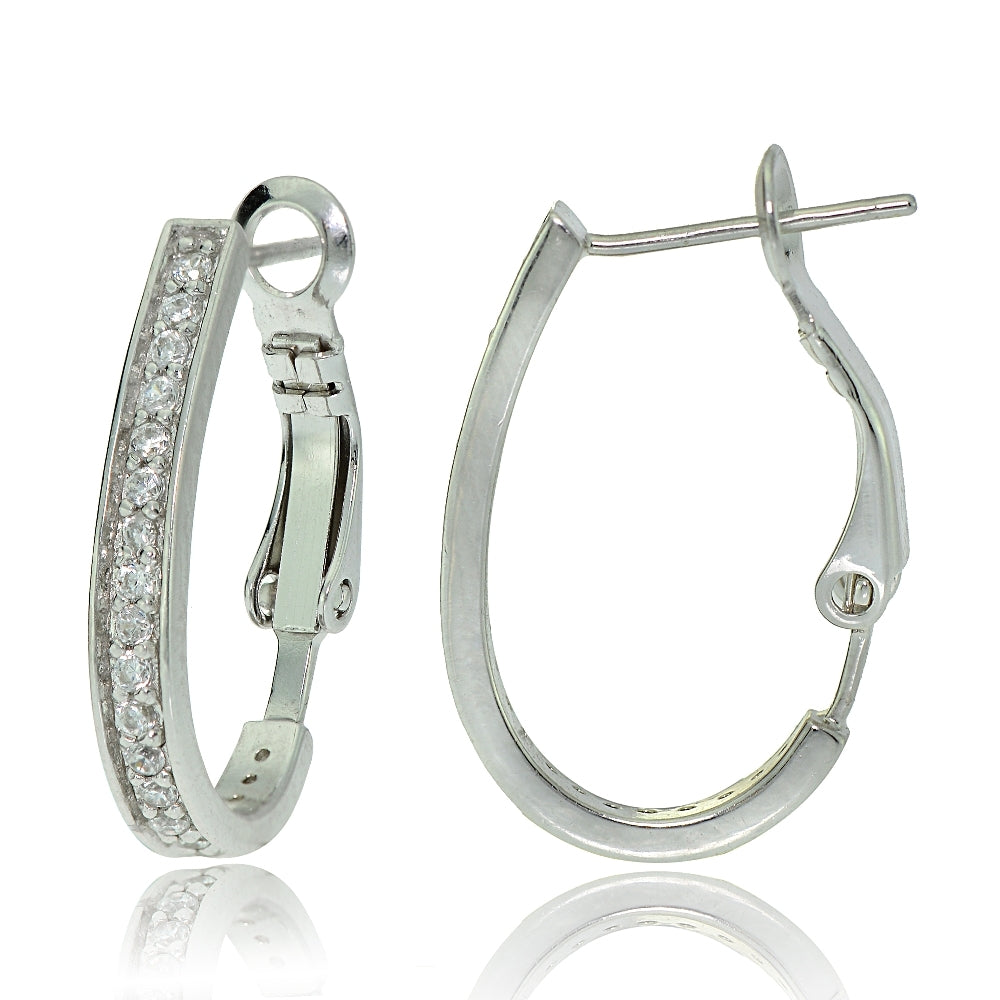 Sterling Silver Cubic Zirconia Oval J-Hoop Earrings, 20mm