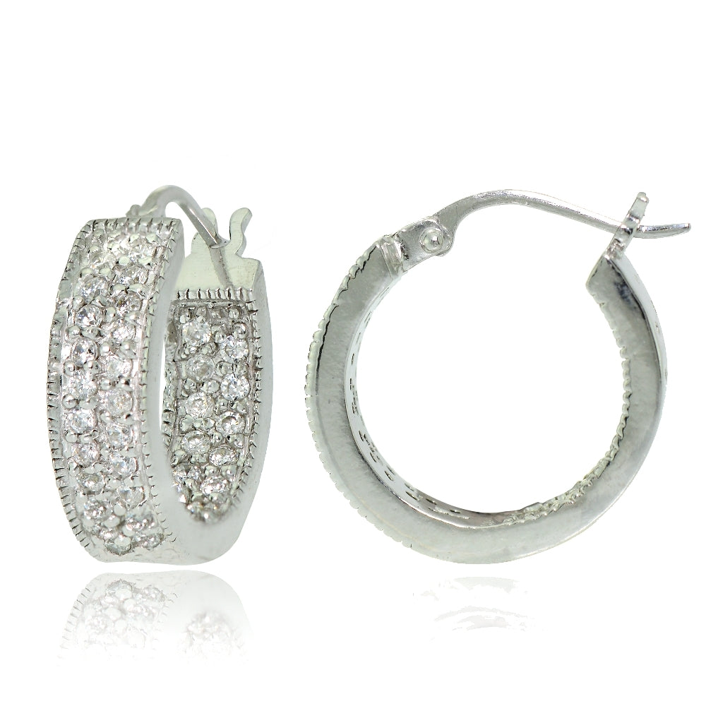 Sterling Silver Cubic Zirconia Two-Row Inside-Out Huggie Hoop Earrings