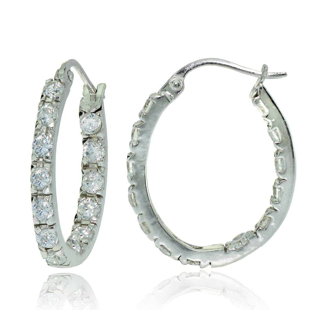 Sterling Silver Cubic Zirconia 20mm Inside-Out Oval Hoop Earrings