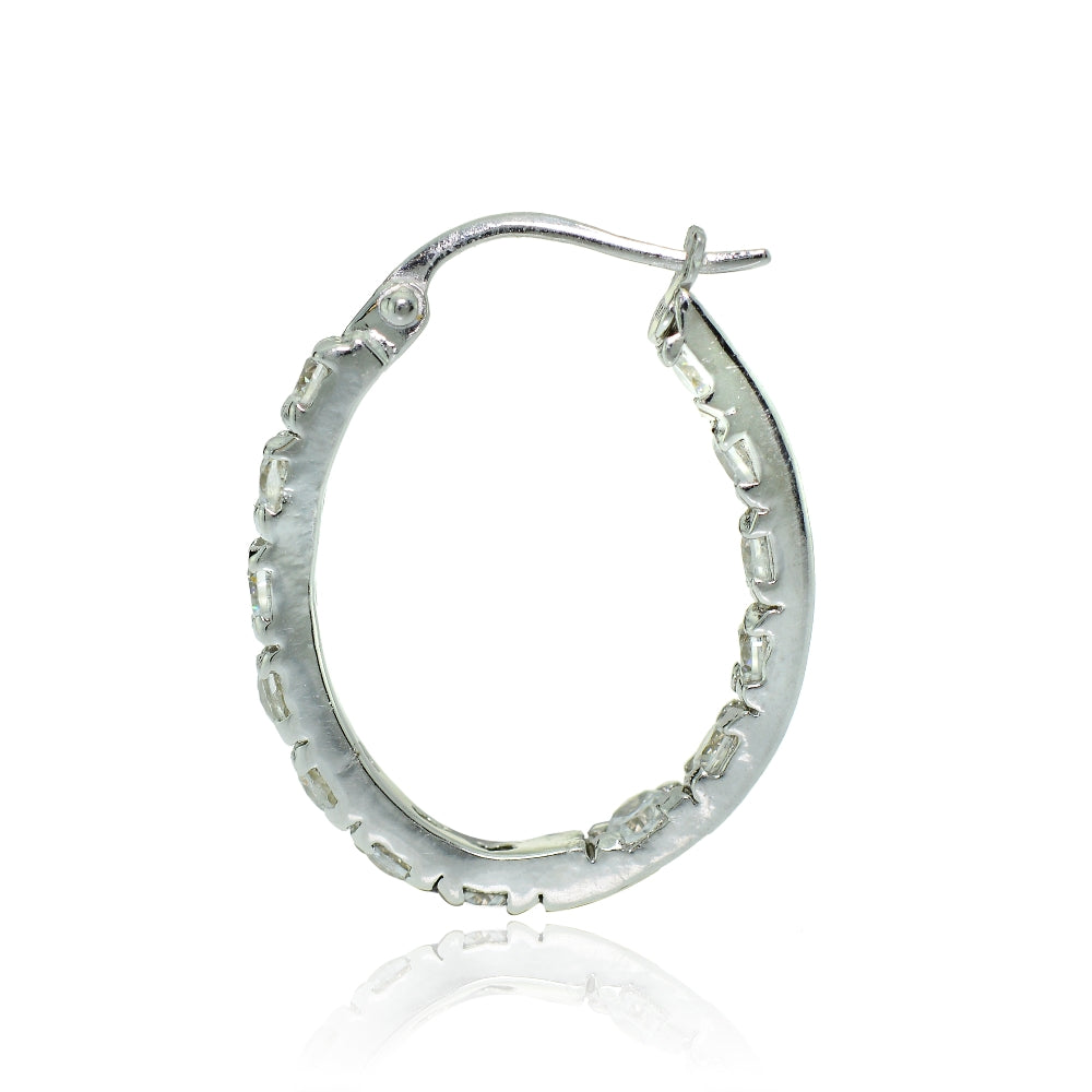 Sterling Silver Cubic Zirconia 20mm Inside-Out Oval Hoop Earrings-2