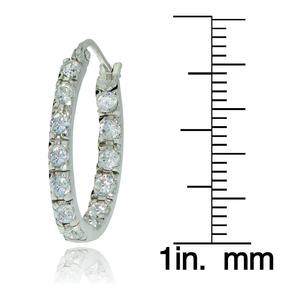 Sterling Silver Cubic Zirconia 20mm Inside-Out Oval Hoop Earrings-3
