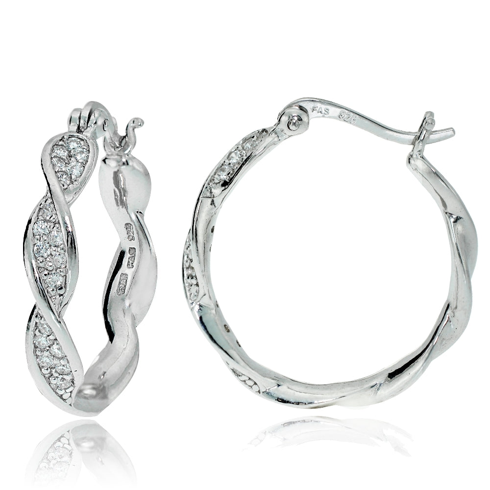 Sterling Silver Cubic Zirconia 24mm Twist Round Hoop Earrings