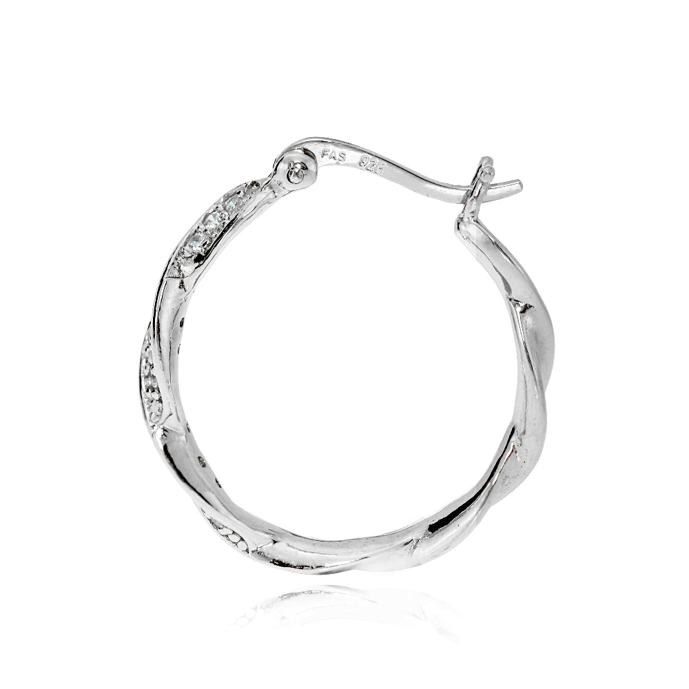 Sterling Silver Cubic Zirconia 24mm Twist Round Hoop Earrings-2