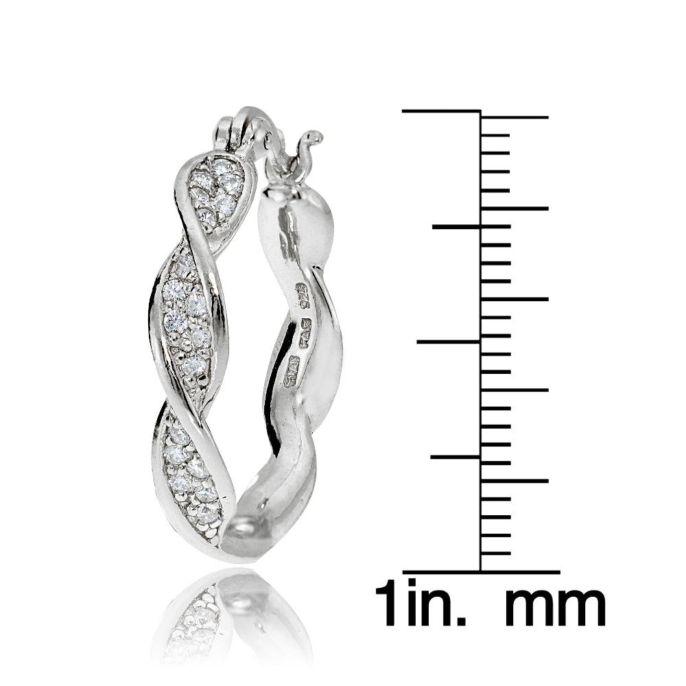 Sterling Silver Cubic Zirconia 24mm Twist Round Hoop Earrings-3