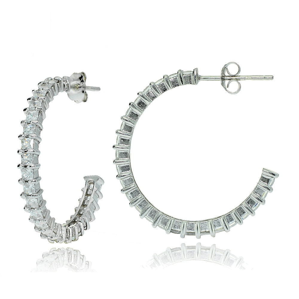 Sterling Silver Square Cubic Zirconia Half Hoop Earrings, 25mm
