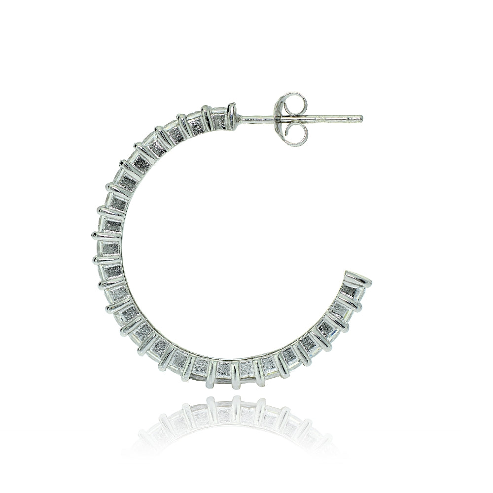 Sterling Silver Square Cubic Zirconia Half Hoop Earrings, 25mm-2