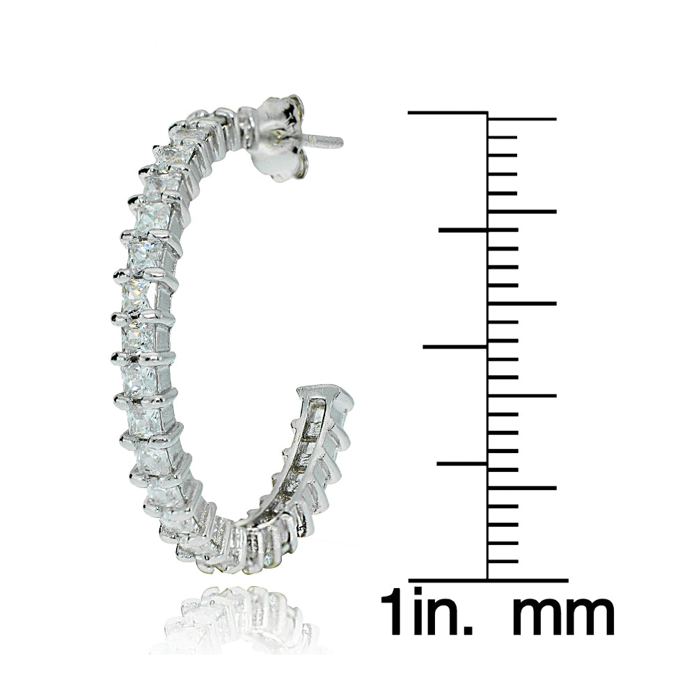Sterling Silver Square Cubic Zirconia Half Hoop Earrings, 25mm-3