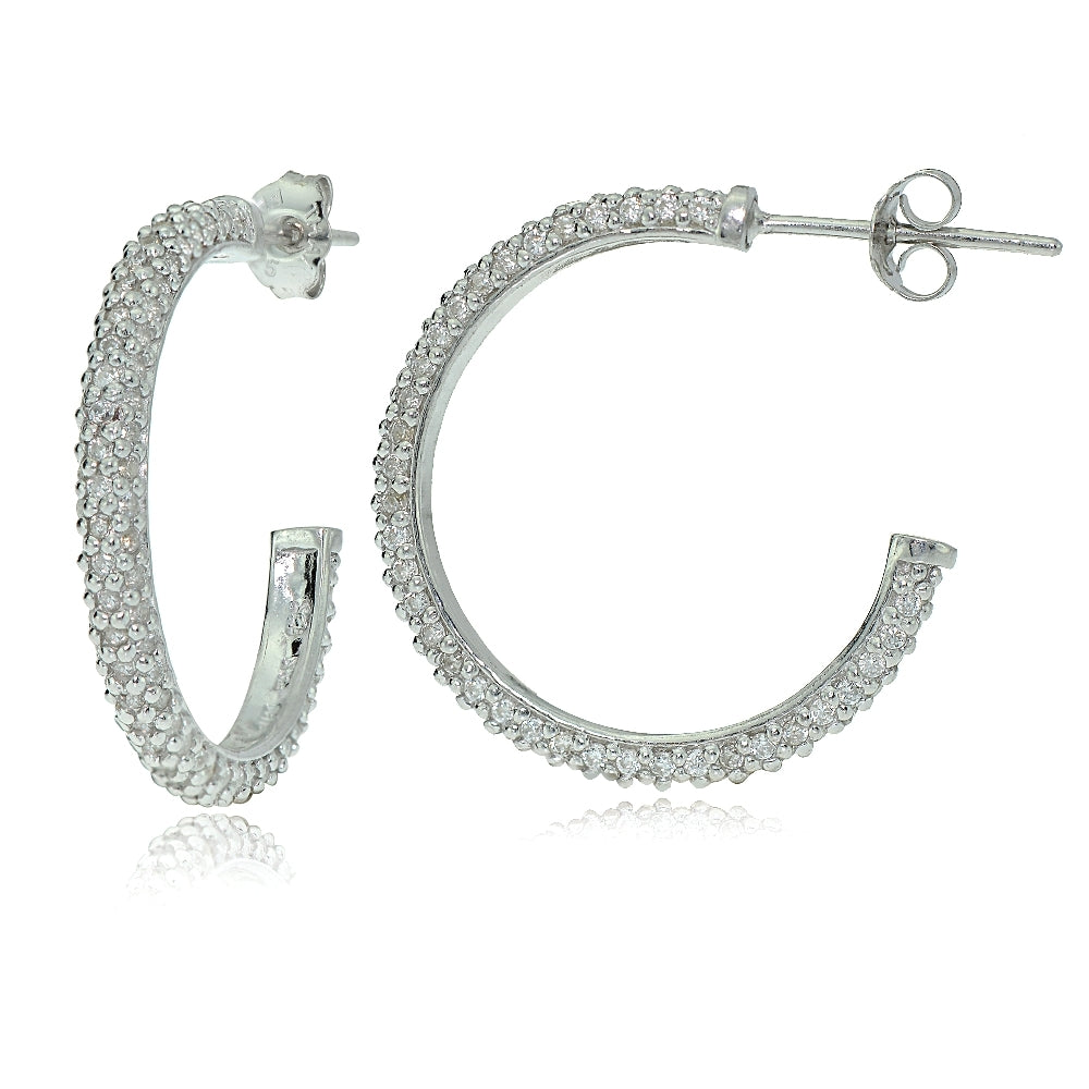 Sterling Silver Cubic Zirconia Half Round Hoop Earrings