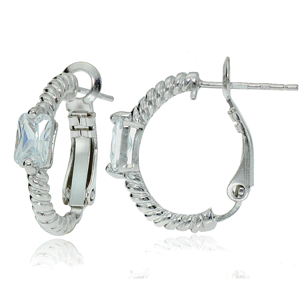 Sterling Silver Cubic Zirconia Rectangle Oval J-Hoop Earrings