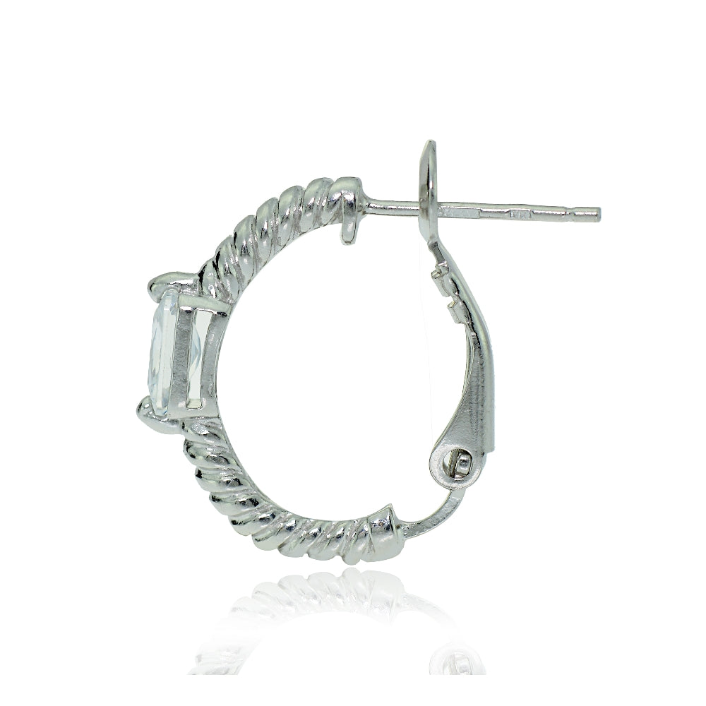 Sterling Silver Cubic Zirconia Rectangle Oval J-Hoop Earrings-2