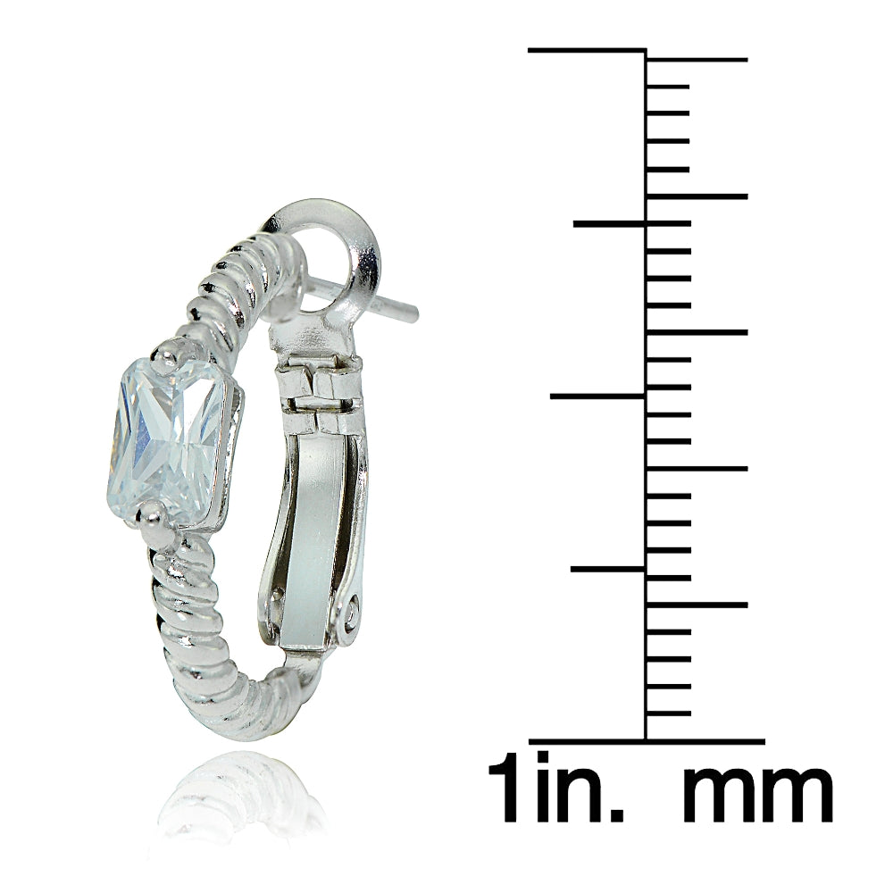 Sterling Silver Cubic Zirconia Rectangle Oval J-Hoop Earrings-3