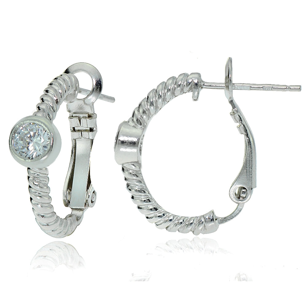Sterling Silver Cubic Zirconia Round Oval J-Hoop Earrings