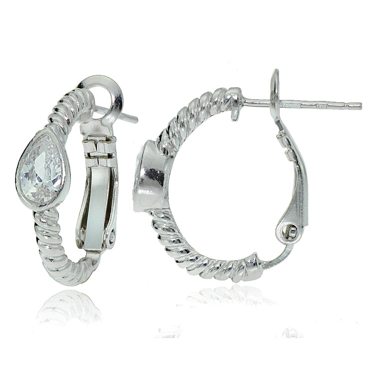 Sterling Silver Cubic Zirconia Teardrop Oval J-Hoop Earrings