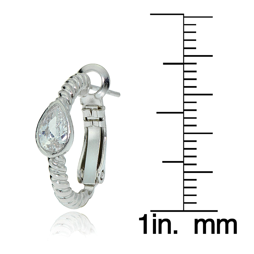 Sterling Silver Cubic Zirconia Teardrop Oval J-Hoop Earrings-3