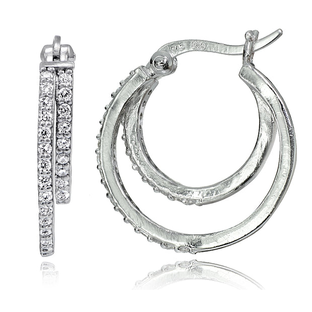 Sterling Silver Cubic Zirconia Double Circle Round Hoop Earrings, 20mm