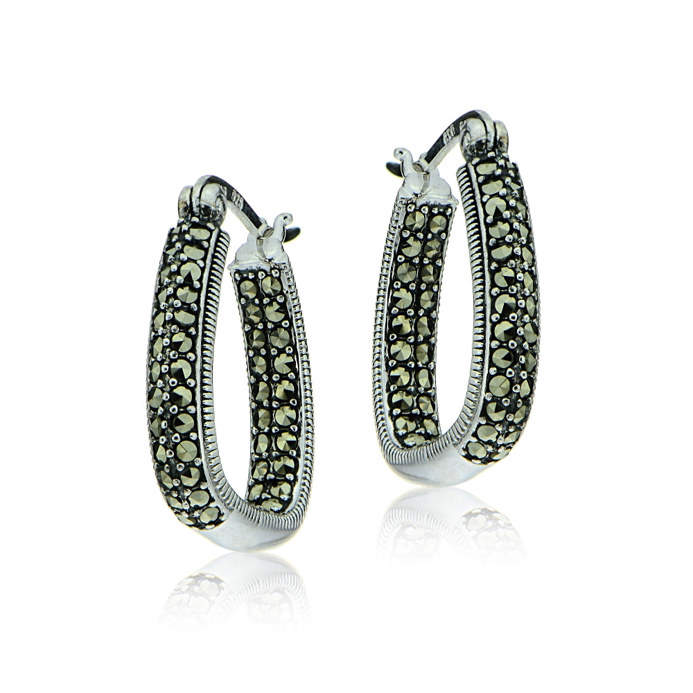 Sterling Silver Marcasite Square Hoop Earrings-2