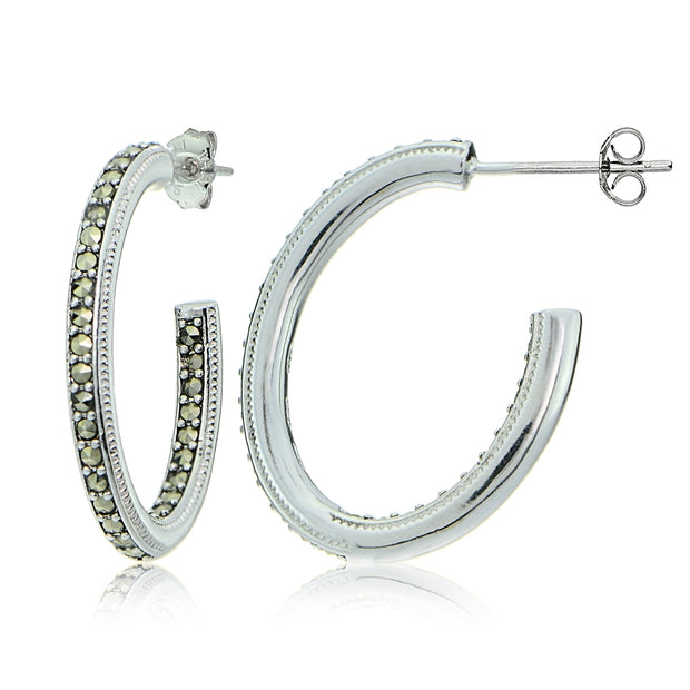 Sterling Silver Marcasite Inside Out Oval Half Hoop Earrings