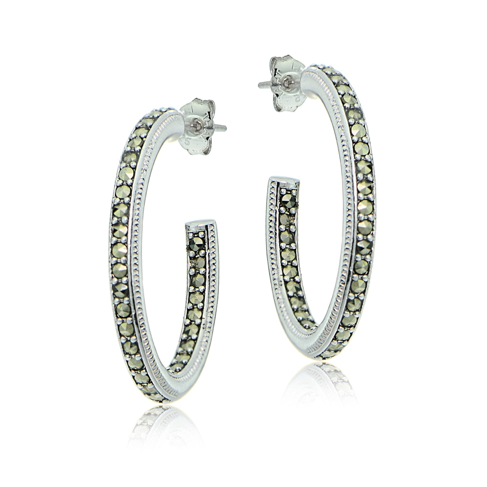 Sterling Silver Marcasite Inside Out Oval Half Hoop Earrings-2