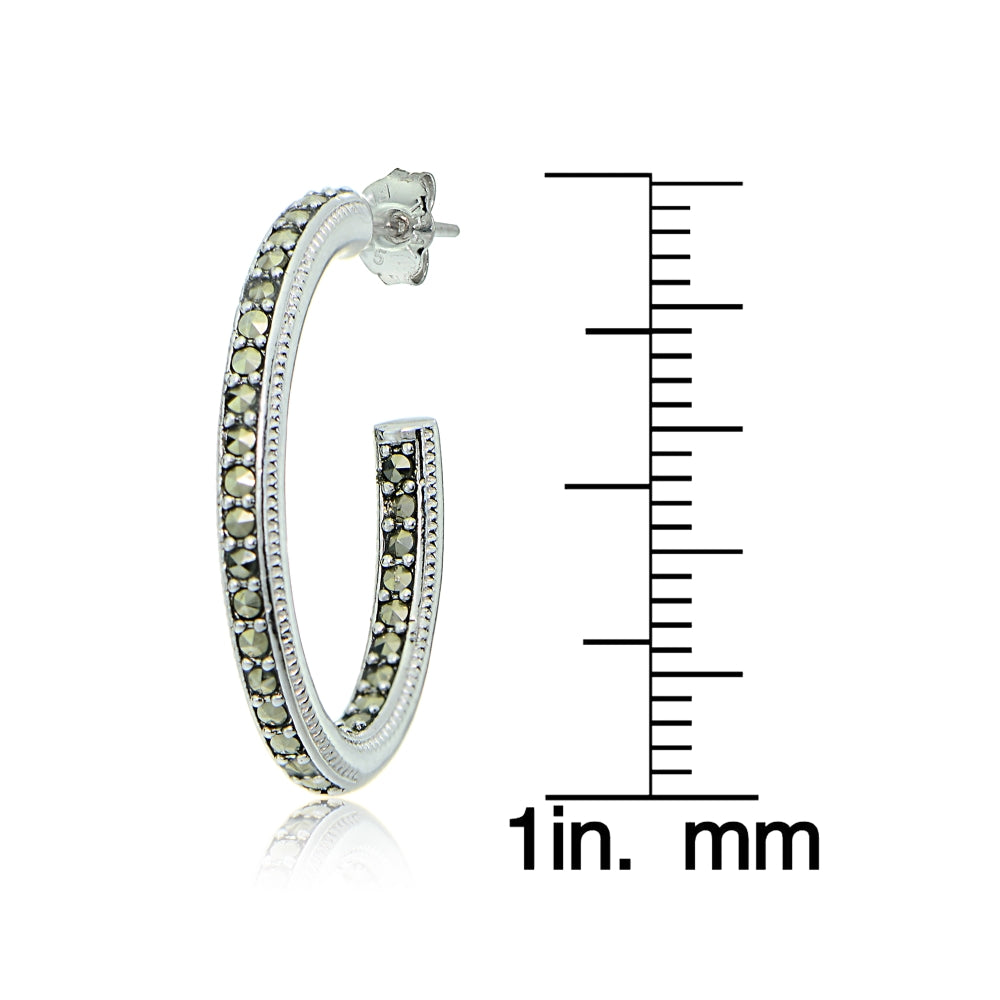 Sterling Silver Marcasite Inside Out Oval Half Hoop Earrings-4