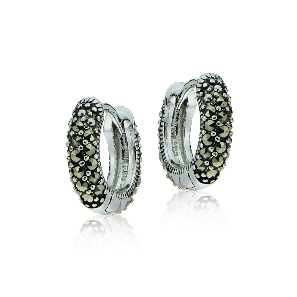 Sterling Silver Marcasite Huggie Hoop Earrings-2