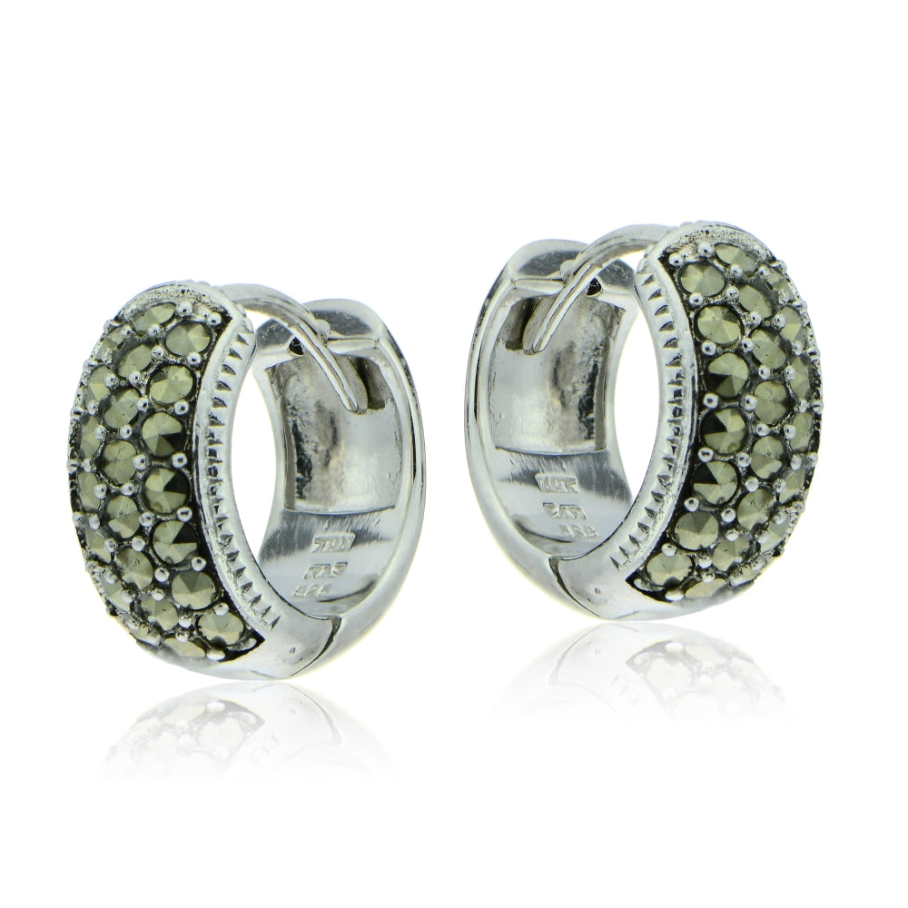 Sterling Silver Marcasite Wide Huggie Hoop Earrings-2