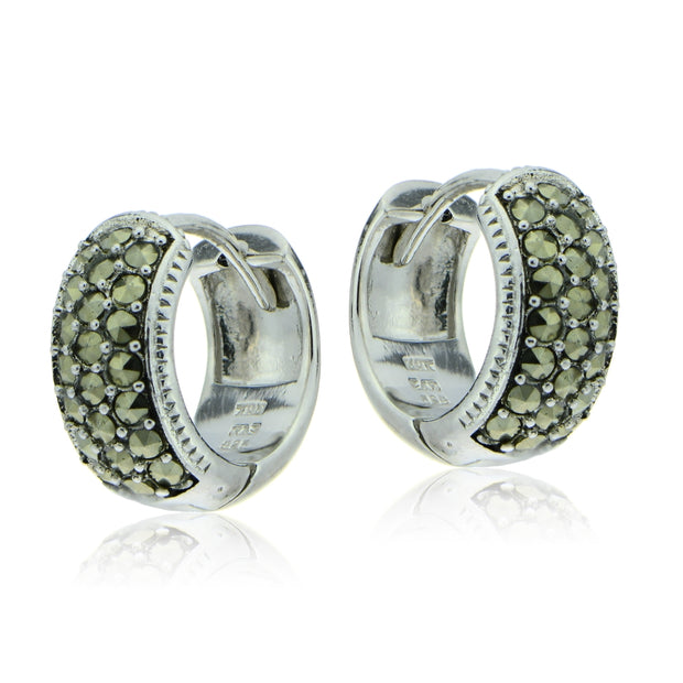Sterling Silver Marcasite Wide Huggie Hoop Earrings