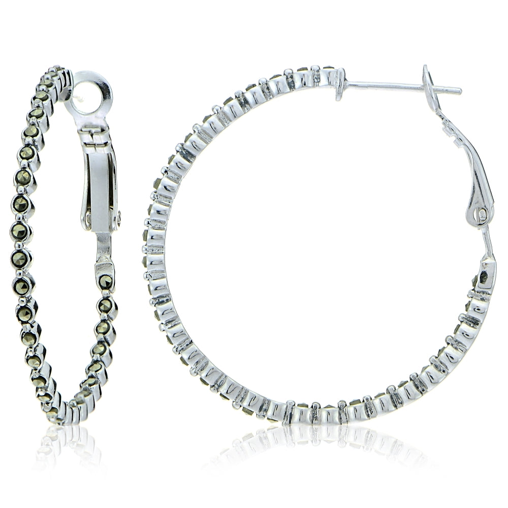 Sterling Silver Marcasite Inside Out Clutchless 35mm Hoop Earrings