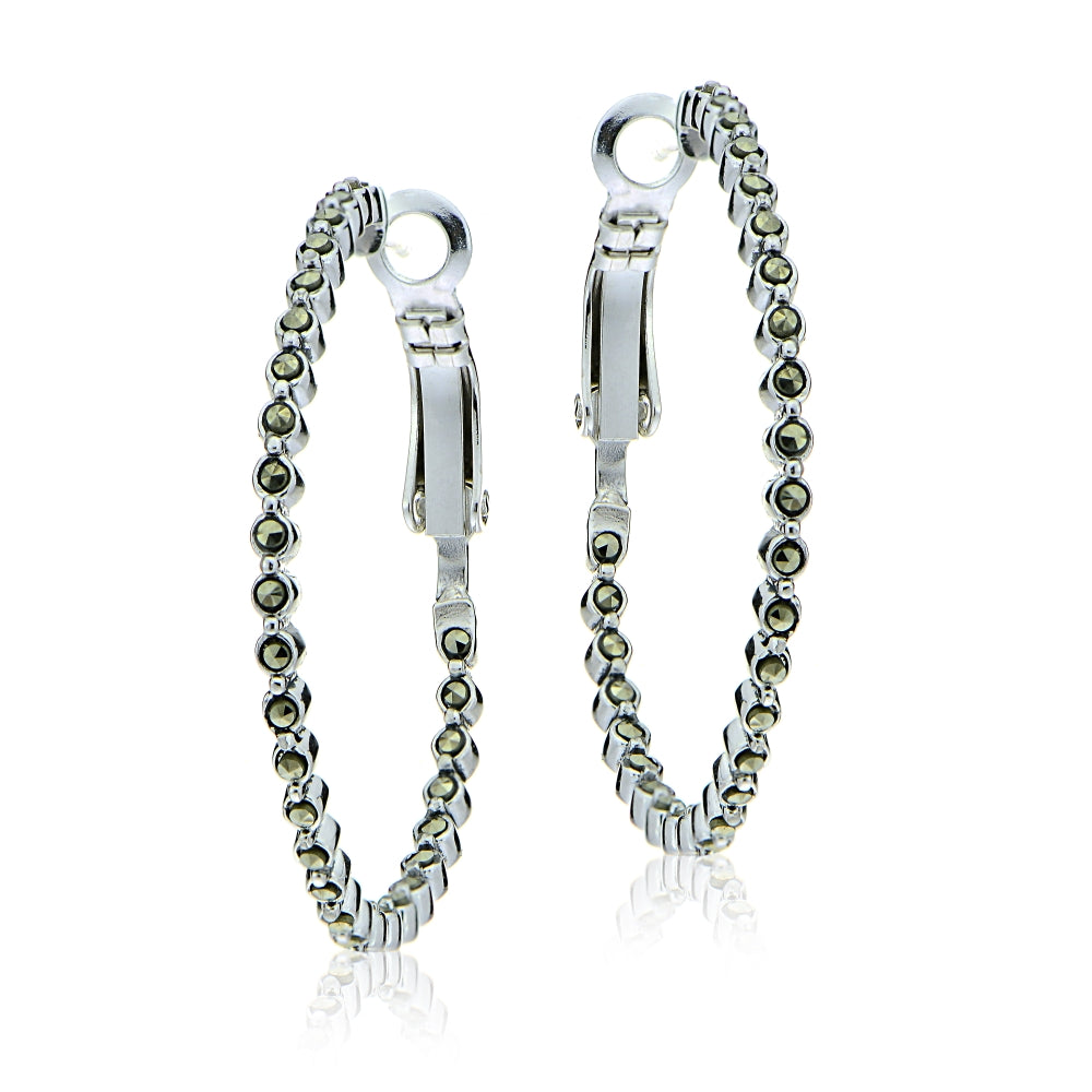 Sterling Silver Marcasite Inside Out Clutchless 35mm Hoop Earrings-2