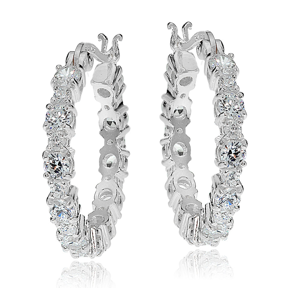 Sterling Silver Round Cubic Zirconia 22mm Hoop Earrings-2