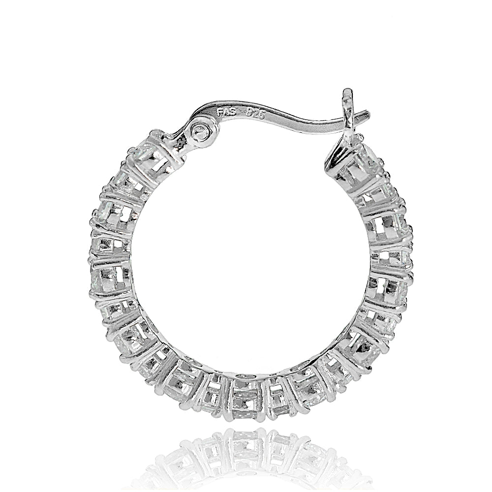 Sterling Silver Round Cubic Zirconia 22mm Hoop Earrings-3