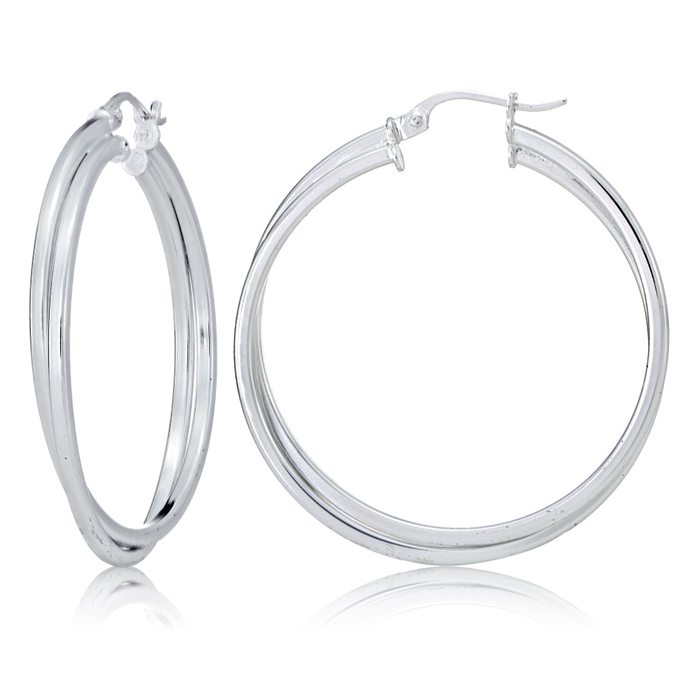 Sterling Silver Square-Tube Double Twisted 47mm Round Hoop Earrings