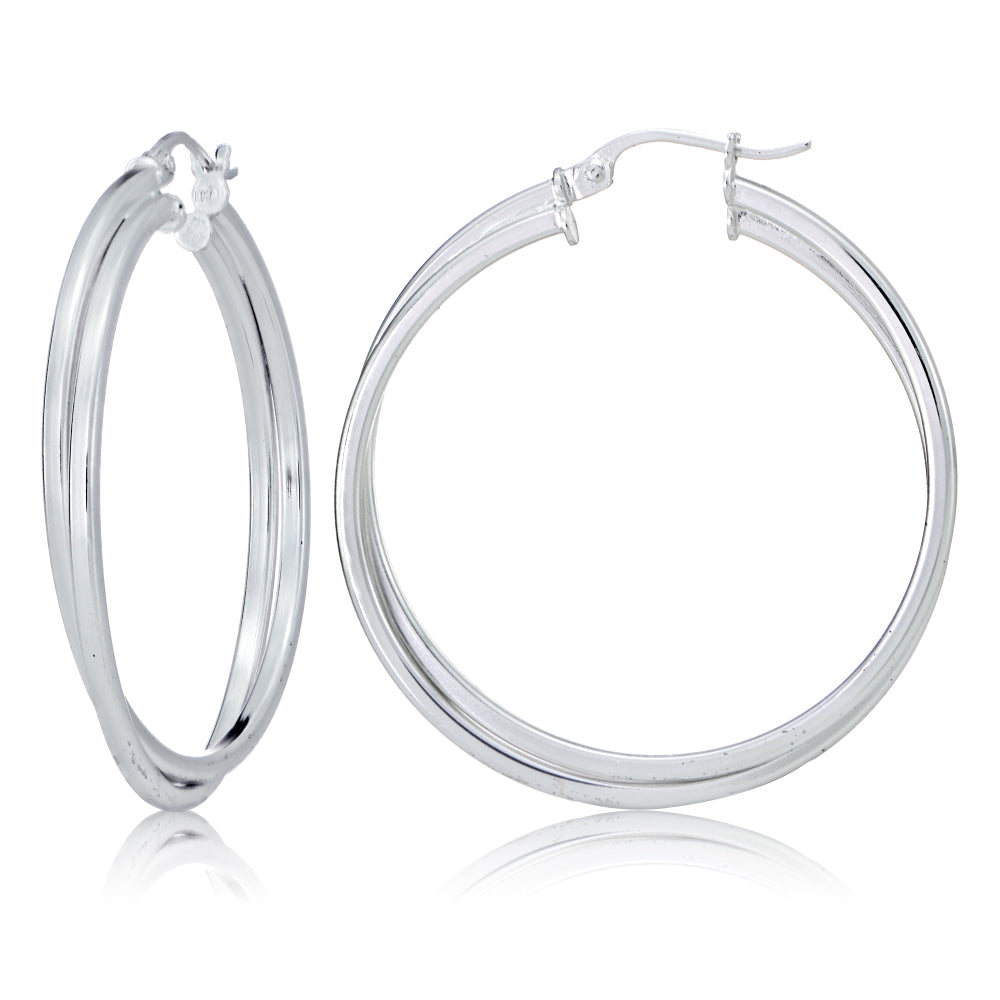 Sterling Silver Square-Tube Double Twisted 47mm Round Hoop Earrings-2