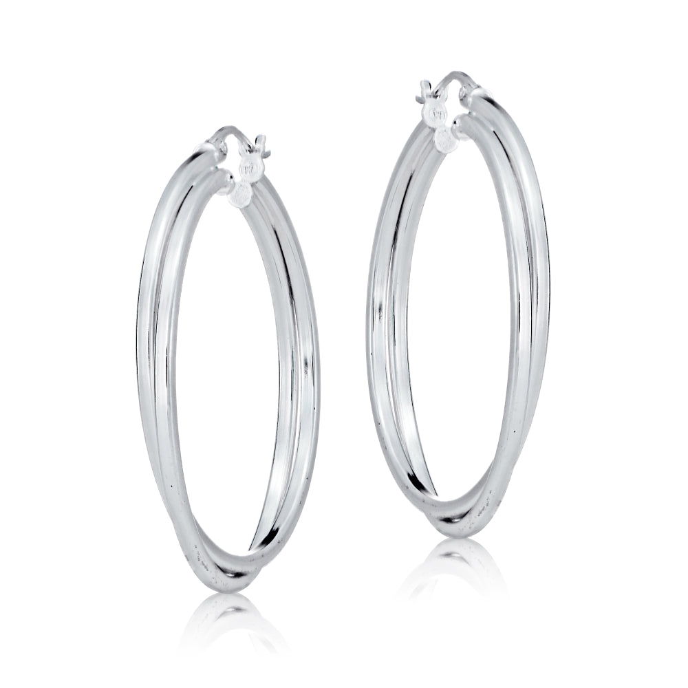Sterling Silver Square-Tube Double Twisted 47mm Round Hoop Earrings-3