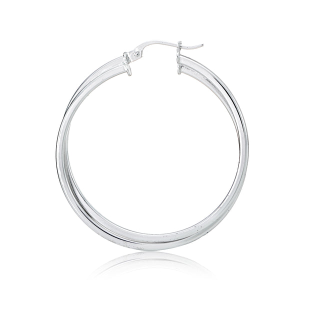 Sterling Silver Square-Tube Double Twisted 47mm Round Hoop Earrings