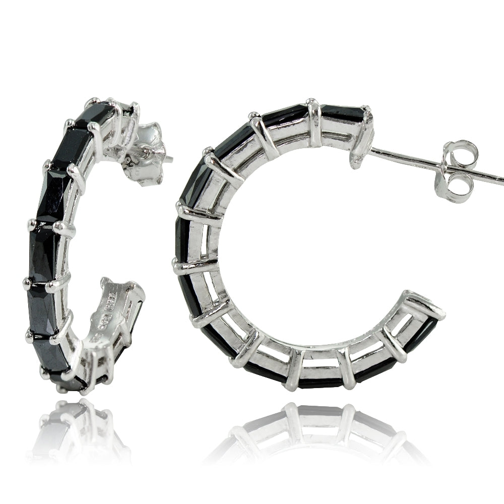 Sterling Silver Black Cubic Zirconia Baguette Cut Half Hoop Earrings