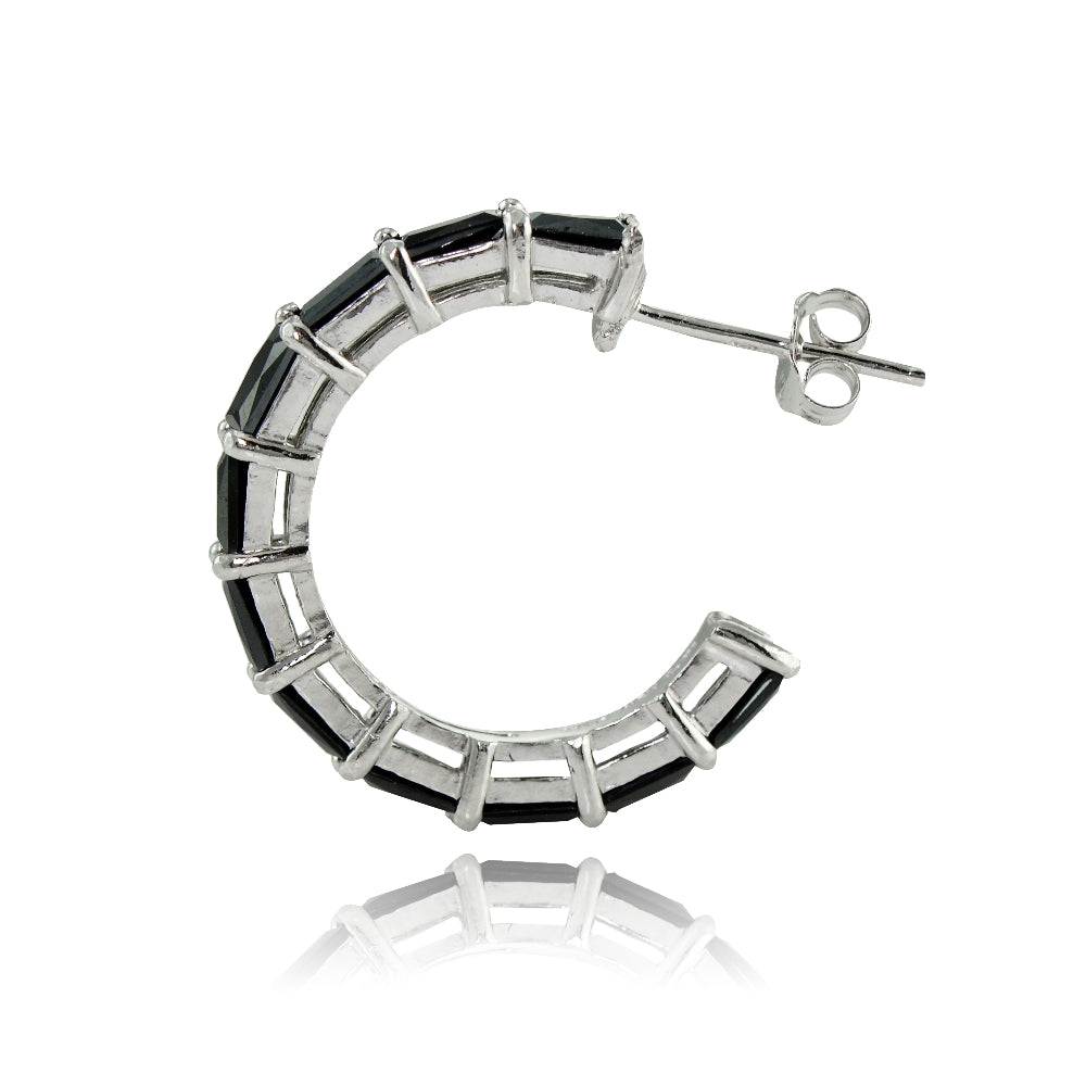 Sterling Silver Black Cubic Zirconia Baguette Cut Half Hoop Earrings-2